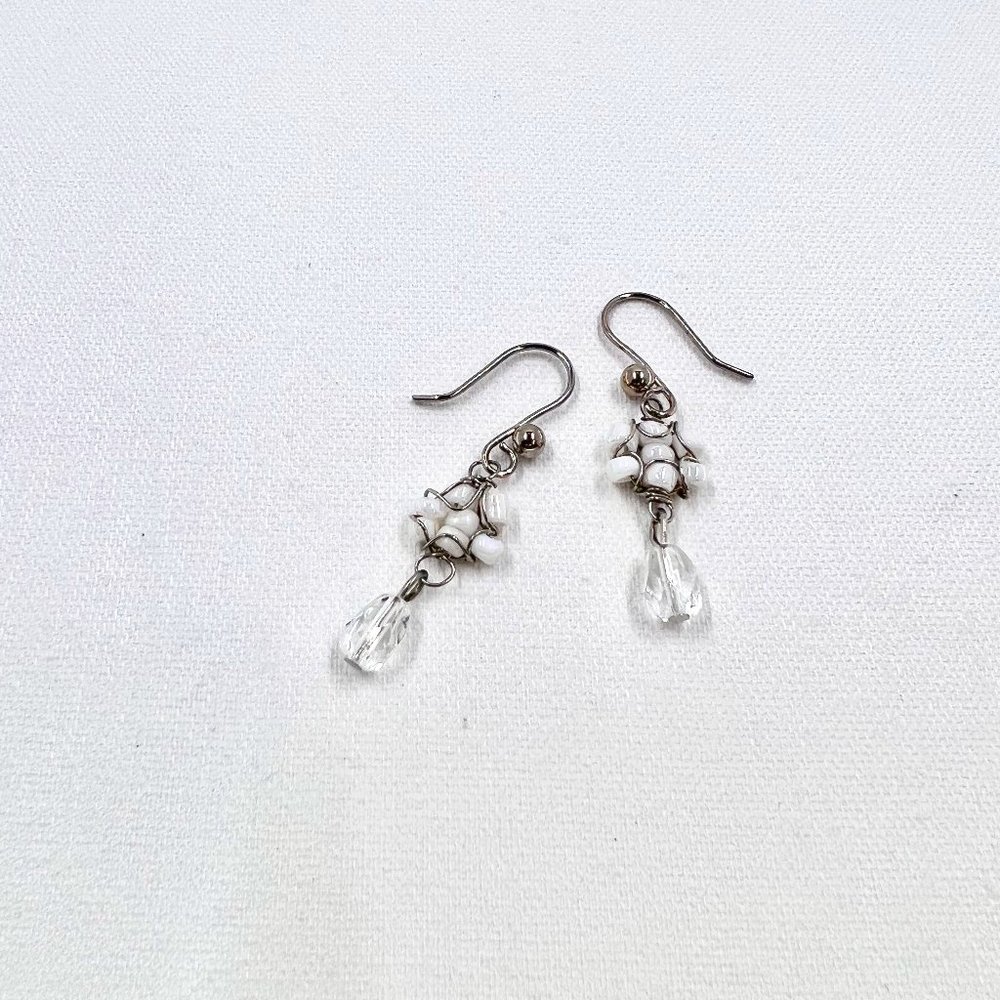Shiny White Beaded Wire Wrapped Fishhook Earrings with Teardrop Dangle